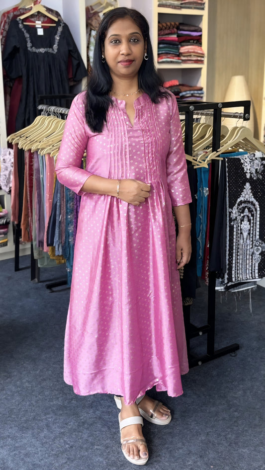 Maanvi Silk Pintux A-Line Anarkali Kurti with Collar Neck & 3/4 Sleeves | Mauve Party Wear for Women