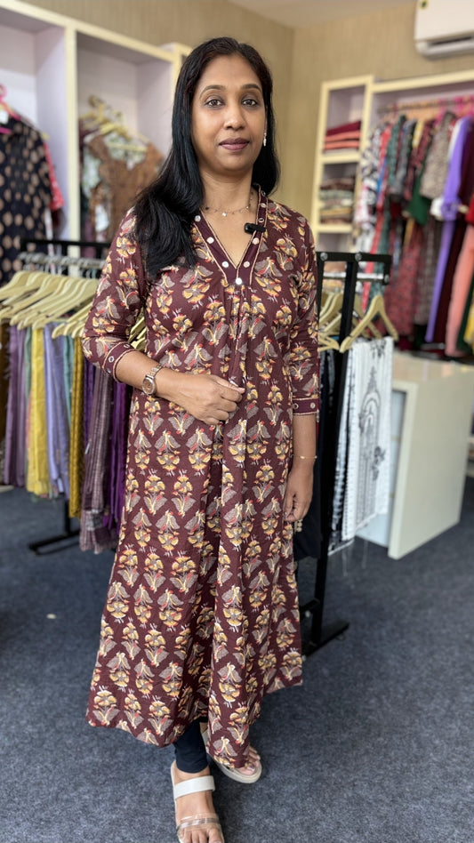 Maanvi In House Brown Floral Cotton Anarkali Kurti with Mirror Work Neck & Sleeve Detail | Elegant 3/4 Sleeve Ethnic Wear for Women