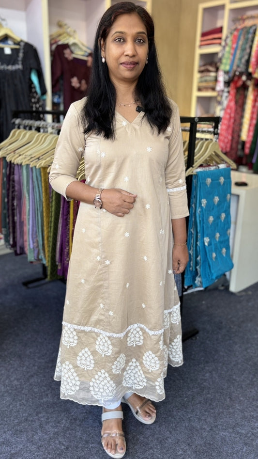 Maanvi Pastel Chanderi Panel Cut Kurti with Bhuta Work & V-Neck | 3-Piece Style Flared Ethnic Wear for Women