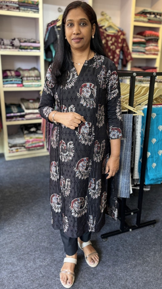 Maanvi Modal Silk Hakoba Co-ord Set with Pintux Detailing | Slitted Kurti & Bottom | V-Neck Collar Ethnic Set for Women