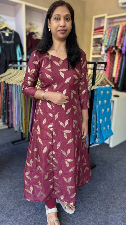 Maanvi Vichitra Silk A-Line Kurti Set with Panel Cut | Designer Neck with Straight Pant | Premium Ethnic Wear for Women