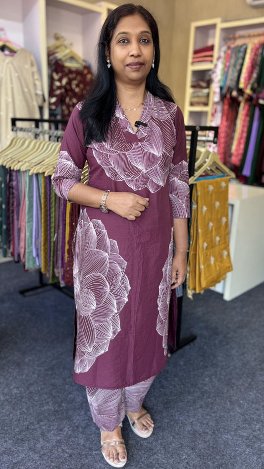 Maanvi Pure Cotton Co-ord Set with Floral Print | Slitted Kurti with Collar Neck & Semi Palazzo Pants with Pocket