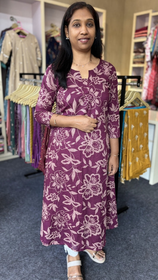 Maanvi Pure Cotton A-Line Kurti with U-Neck Cut Detail | Grape Wine Floral Printed Ethnic Wear for Women
