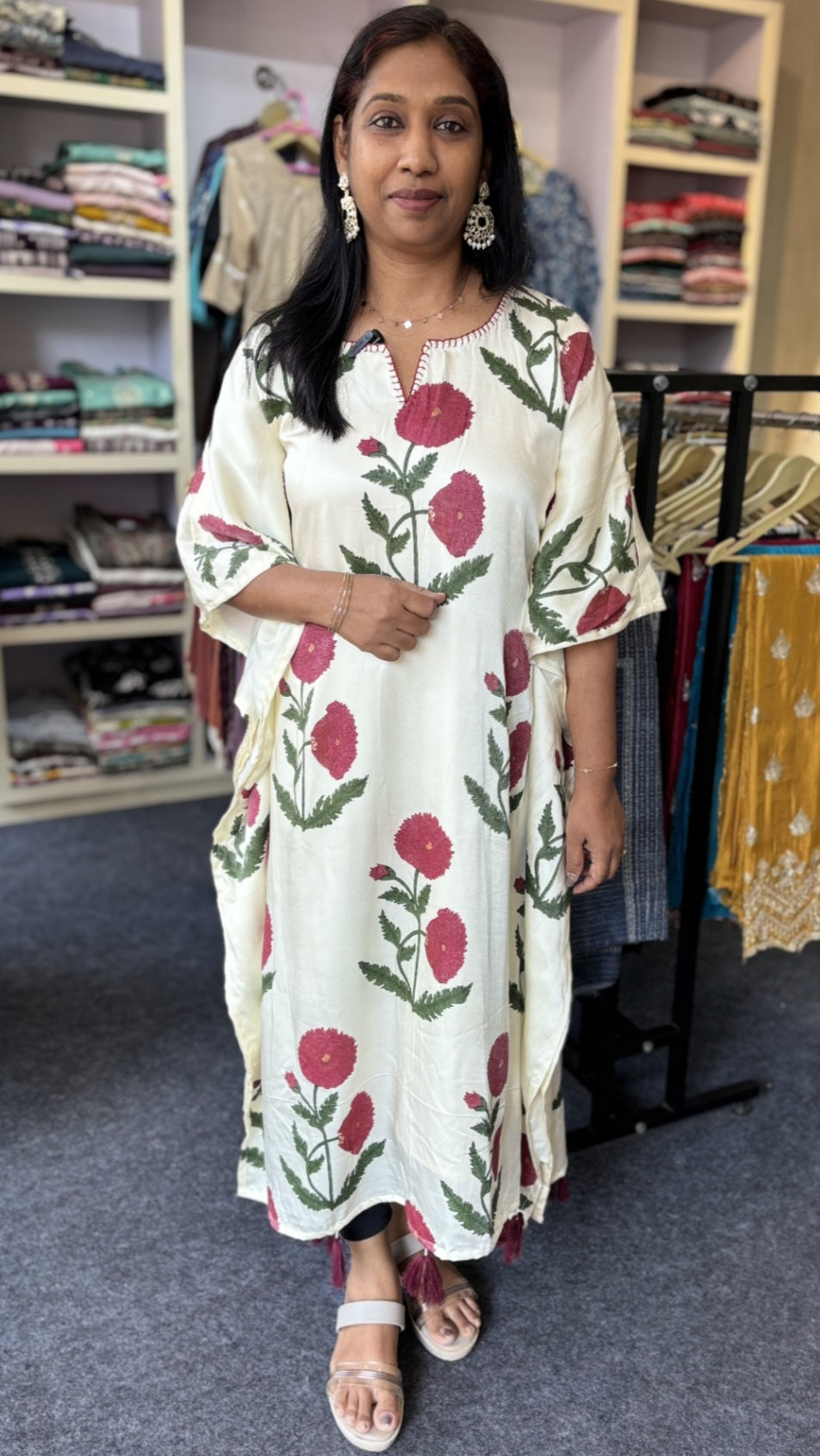 Maanvi Premium Modal Silk Kaftan with Handworked Neck & Tassel Detail | Ivory Floral Designer Lounge Wear for Women