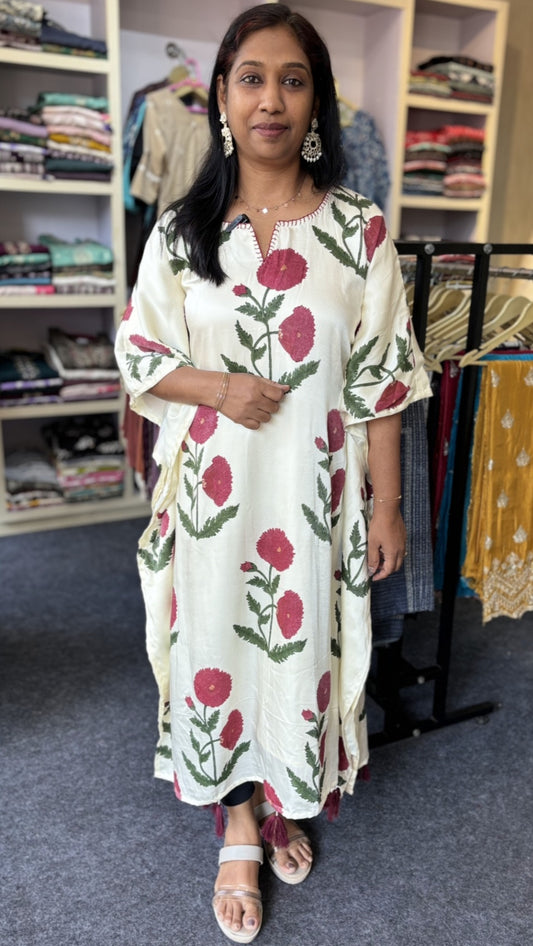 Maanvi Premium Modal Silk Kaftan with Handworked Neck & Tassel Detail | Ivory Floral Designer Lounge Wear for Women