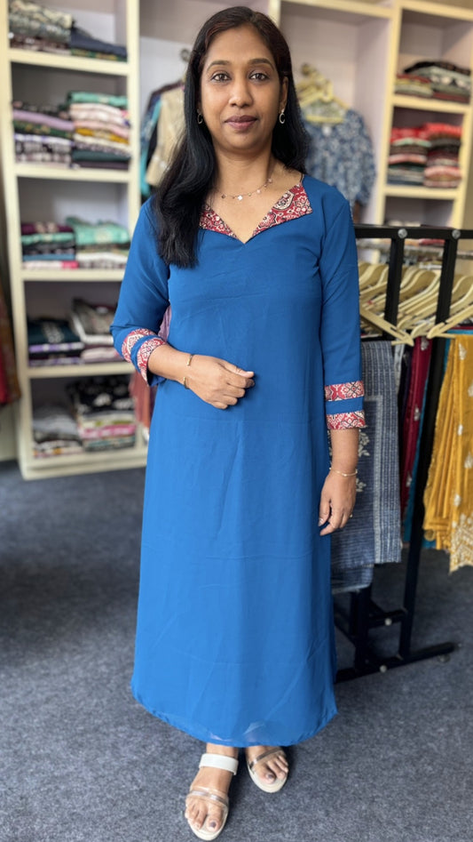 Maanvi Georgette Kurti with Ajrakh Neck & Mirror Work | Blue Designer Ethnic Wear for Women