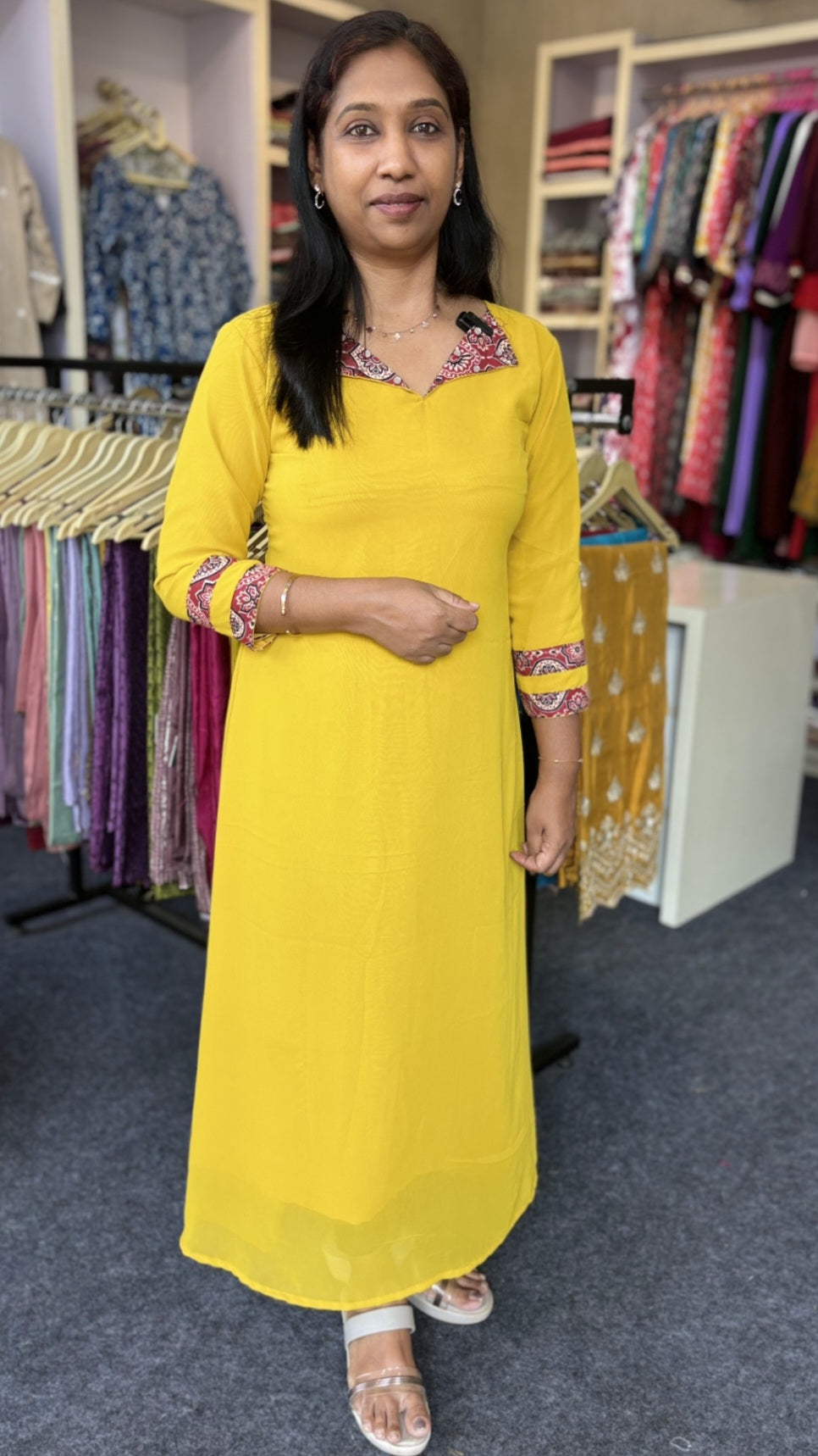 Maanvi Georgette Kurti with Ajrakh Neck & Mirror Work | Yellow Designer Ethnic Wear for Women