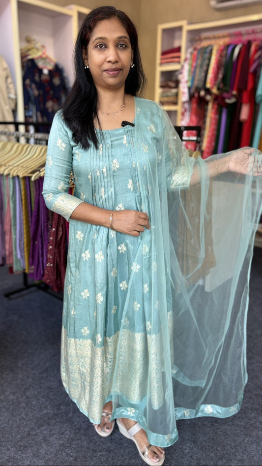 Maanvi Banarasi Anarkali Kurti Set with Pintux Neck & Zari Work | Powder Blue Green Tone with Straight Pant & Dupatta