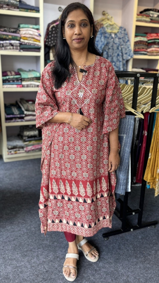 Maanvi Pure Cotton Kaftan with Ajrakh Print & Handworked Neck | Sequence & Stone Work with Tassel Detail
