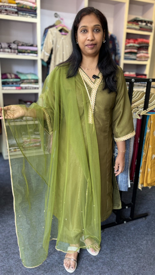 Maanvi Soft Tissue Slitted Kurti Set with Lace Detail & Net Dupatta | Olive Green Party Wear Ethnic Set for Women