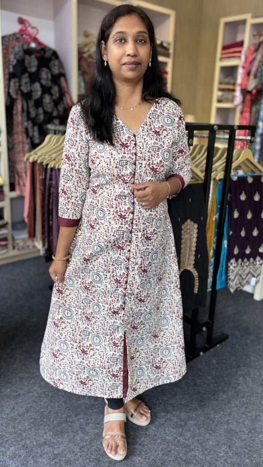 Maanvi Cotton A-Line Kurti with V-Neck & Potli Button Detailing | Piece Work Detail Daily Wear Ethnic Kurti for Women