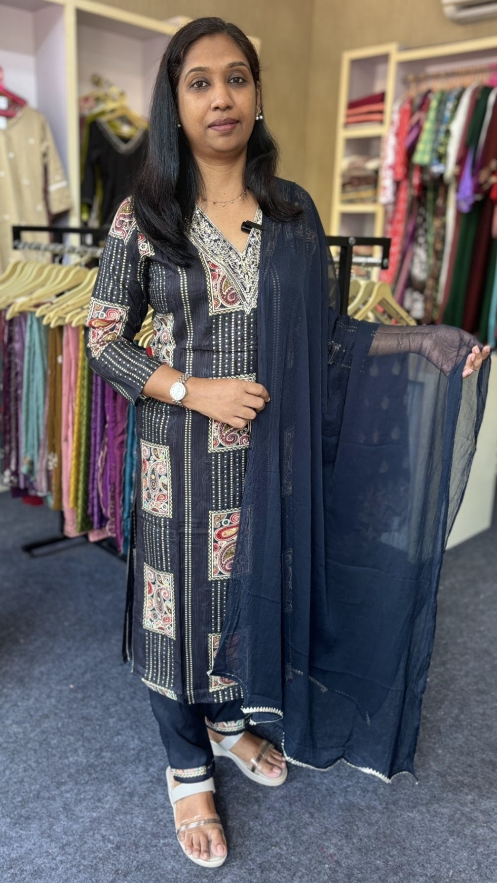 Rayon Cotton Kurti Set with Ari Work & Lace Detail | Black Printed Ethnic Set with Straight Pant & Georgette Dupatta