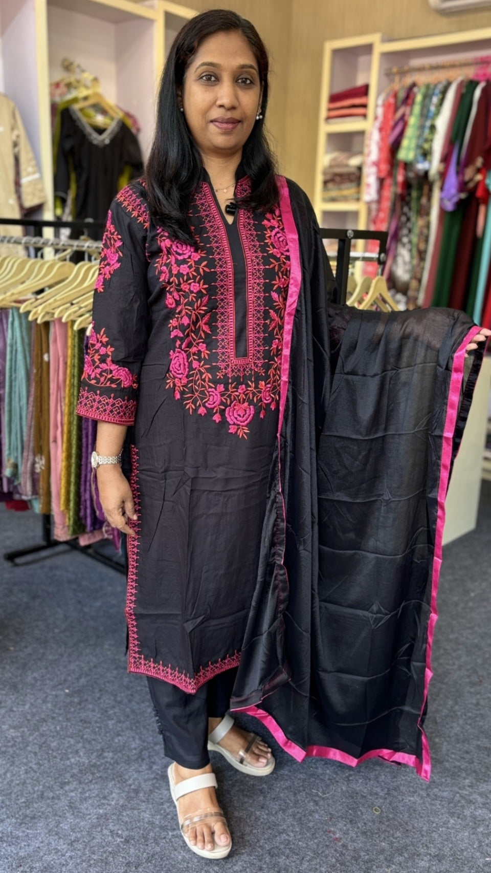 Black Rayon Cotton Slitted Kurti Set with Heavy Embroidery | Collar Neck with Straight Pant & Silk Dupatta