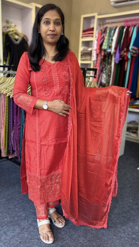 Brick Red Kurti Set with Floral Lace Work | Straight Pant & Flowy Dupatta | Trending Ethnic Wear for Women