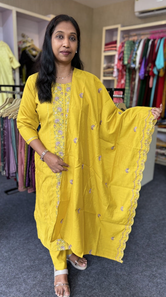 Yellow Kurti Set with Center Panel Embroidery | Straight Pant & Scallop Dupatta with Thread Work