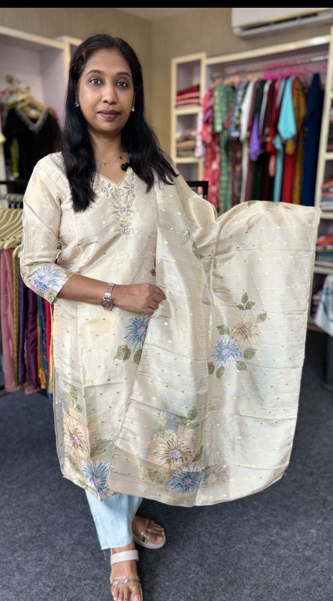 Pastel Tissue Kurti Set with Hand Beadwork V-Neck | Ivory Kurti with Powder Blue Pant & Floral Dupatta