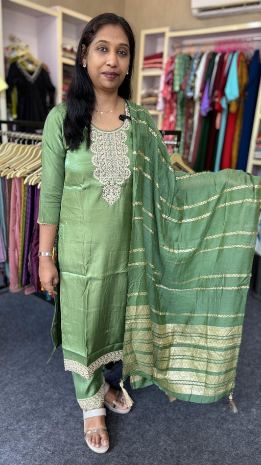 Green Silk Slitted Kurti Set with Heavy Embroidery & Cut Bead Work | Straight Pant & Zari Dupatta with Tassels
