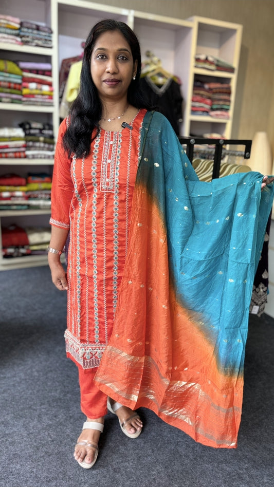 Burnt Orange Kurti Set with All-Over Ari Work & Peacock Blue Contrast | Straight Pant & Bhutta Zari Dupatta