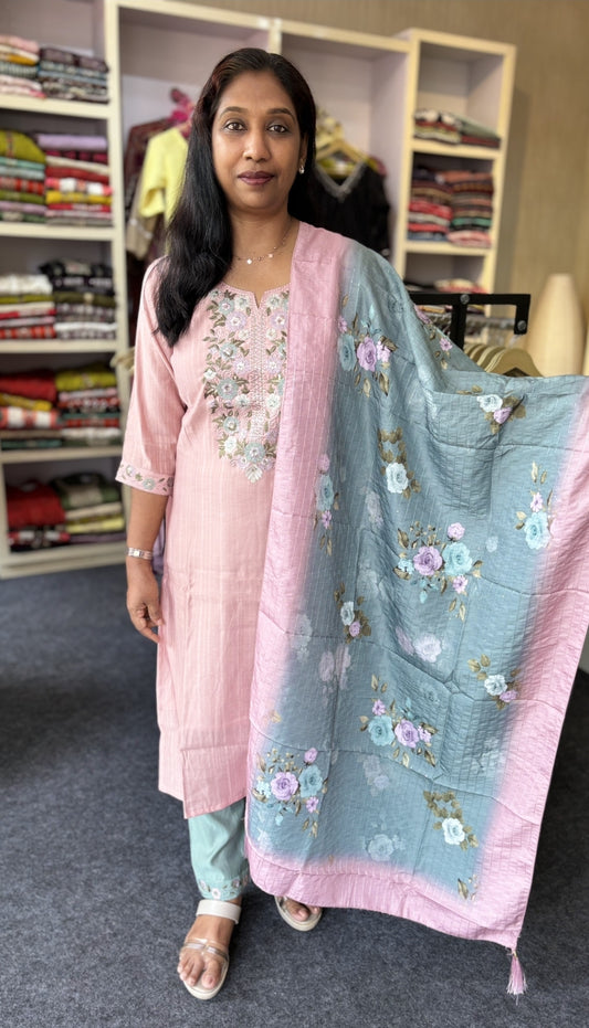 Pastel Pink Silk Kurti Set with Thread Embroidery & Olive Contrast | Straight Pant & Floral Dupatta with Tassels