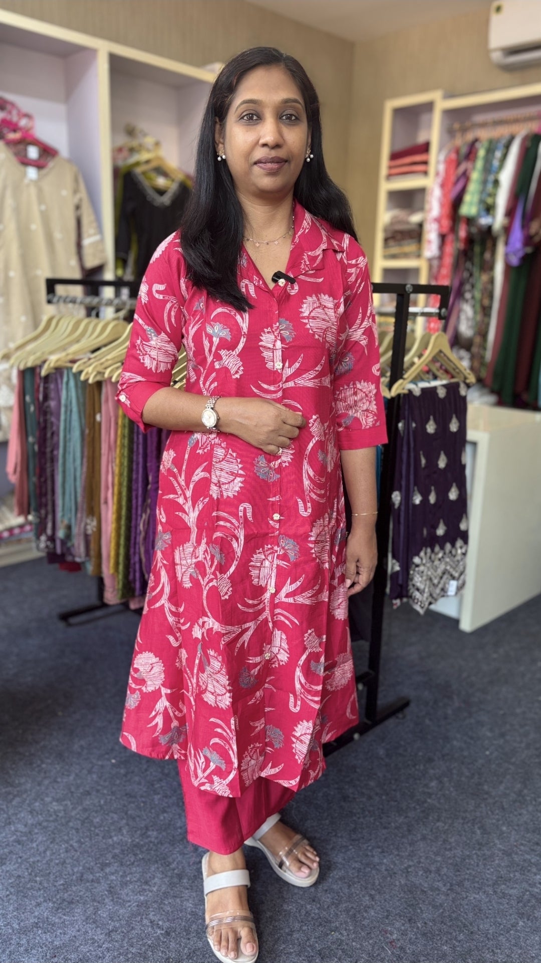 Red Vatican Silk Co-ord Set with Pink All-Over Print | A-Line Kurti with Button Detail & Straight Pant