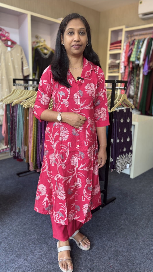 Red Vatican Silk Co-ord Set with Pink All-Over Print | A-Line Kurti with Button Detail & Straight Pant