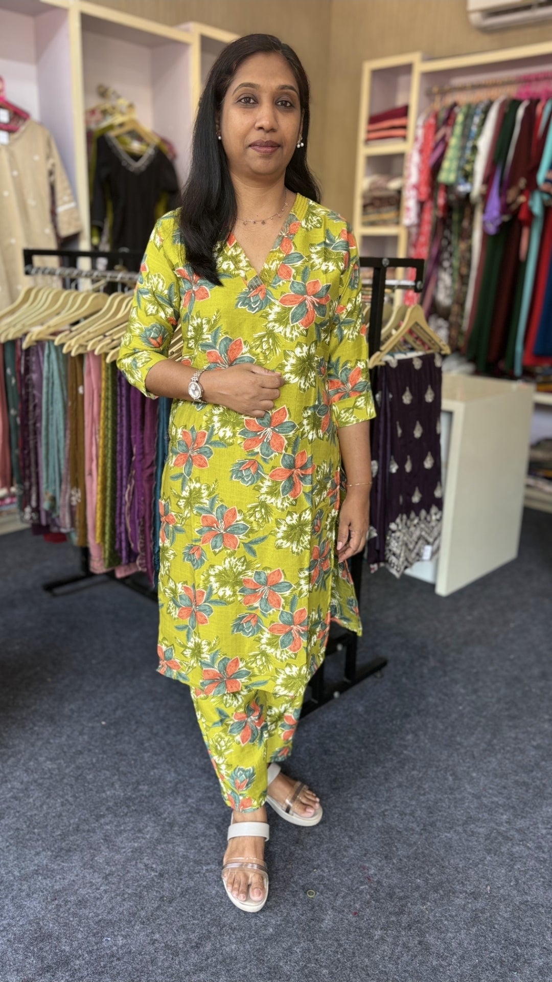 Parrot Green Slitted Co-ord Set with Kantha Work | V-Neck Floral Printed Kurti with Straight Pant