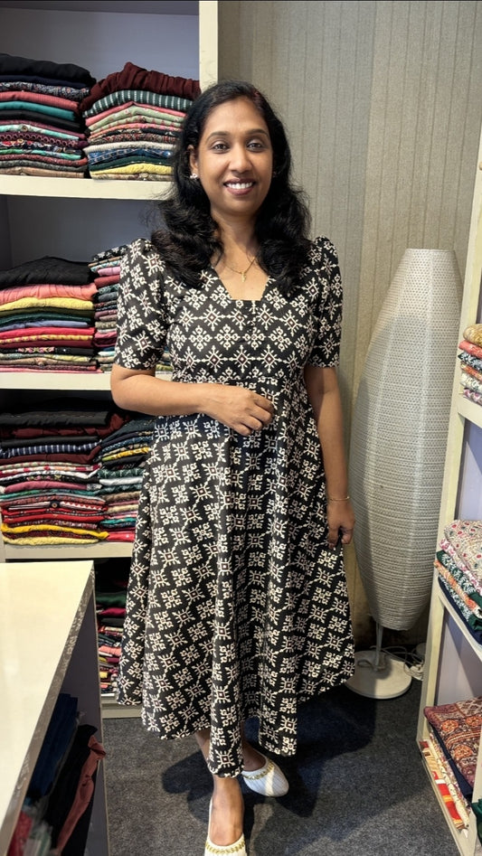 Stylish Black Poly Cotton Frock with White Geometric Prints