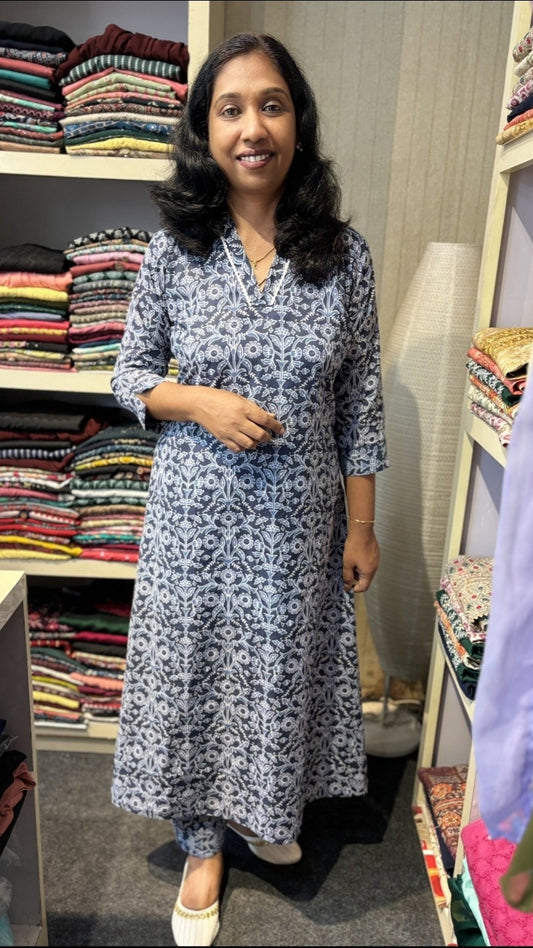 Blue A-Line co-ord set with White Floral Print – Pure Cotton