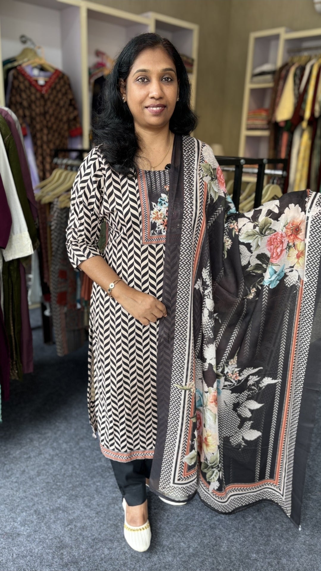 Black & Beige Printed Churidar Set with Floral Dupatta
