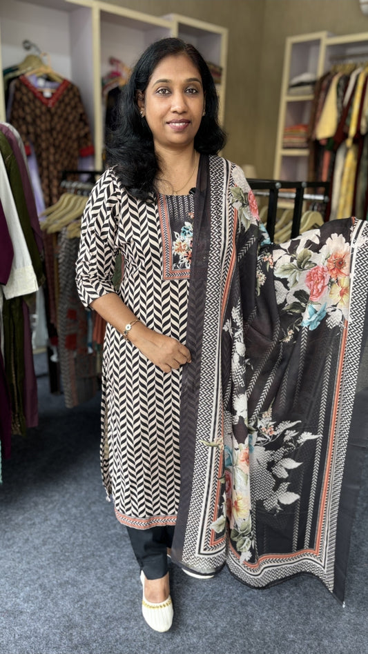 Black & Beige Printed Churidar Set with Floral Dupatta
