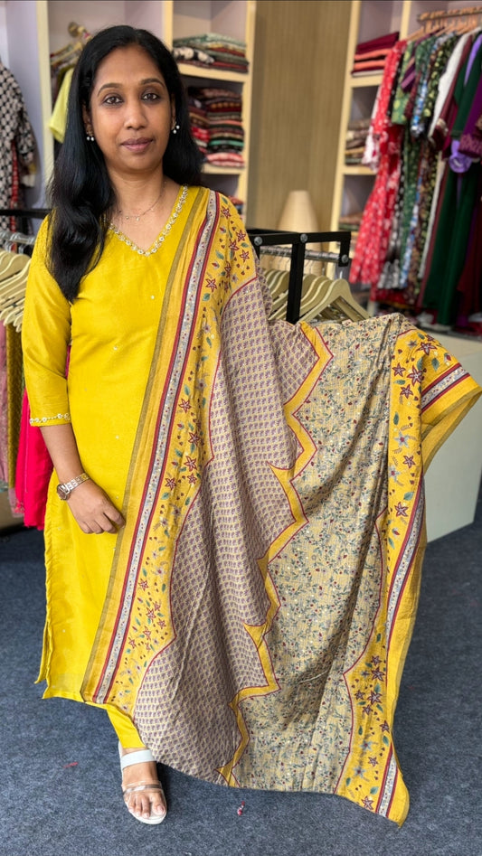 Maanvi Slitted Kurti Set with Bead & Stone Work | V-Neck Party Wear with Straight Pant & Muslin Printed Dupatta