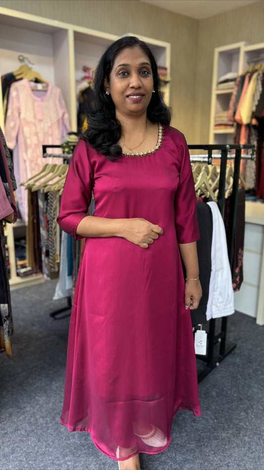 Wine Maroon Satin A-Line Kurti with Bead Neck Detailing – Elegant Festive Wear